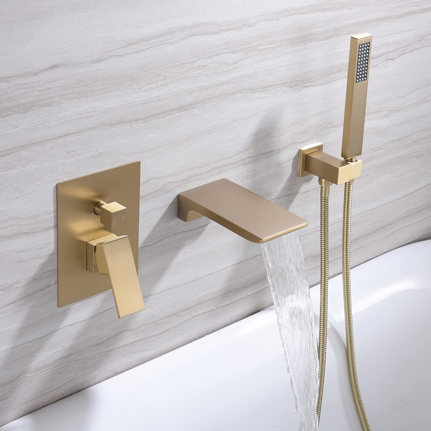 CASAINC Wall Mount Tub Filler with Hand Shower Waterfall Bathtub Faucet with Sprayer Soaking Tub Faucet with Rough-in Valve (Brushed Gold)
