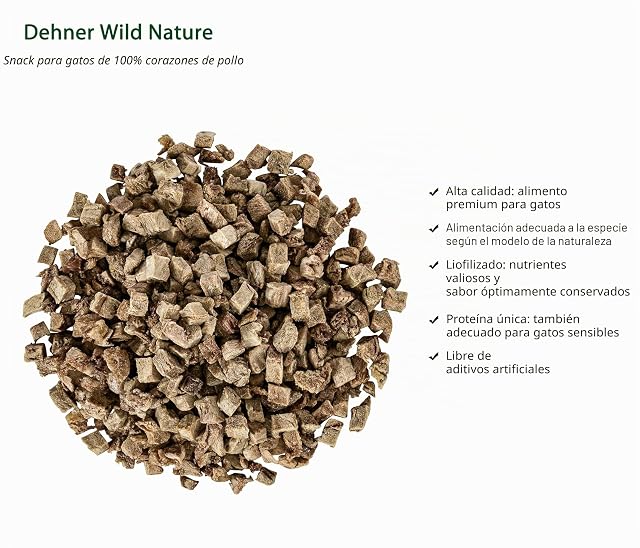 Foto 2 de 6 de Dehner Wild Nature - Bocadillo para Gatos sin Gluten y sin azúcar, liofilizado con Corazones de Pollo, 6 x 20…