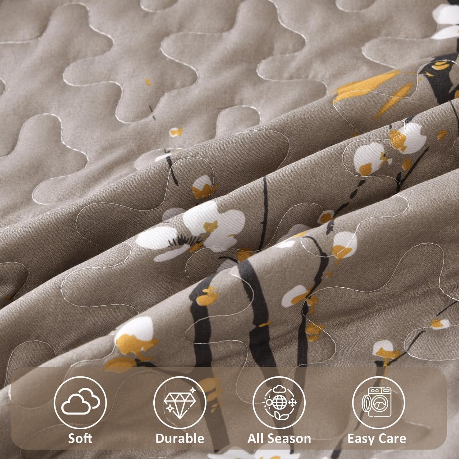 3 Pieces Floral Quilt Set King Size Tan Branch Pattern Quilt, Cream White Floral Reversible Bedspread, Soft Microfiber Botanical Floral Summer Quilt Bedding Coverlet Set for All Season (110‘'x90'')