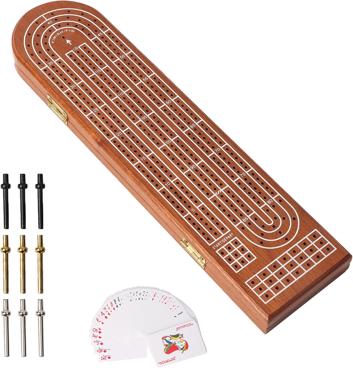 GSE Games & Sports Expert 3-Track Wooden Cribbage Board Game with Playing Cards, Metal Pegs and Storage Area, Classic Three-Person Cribbage Board Game