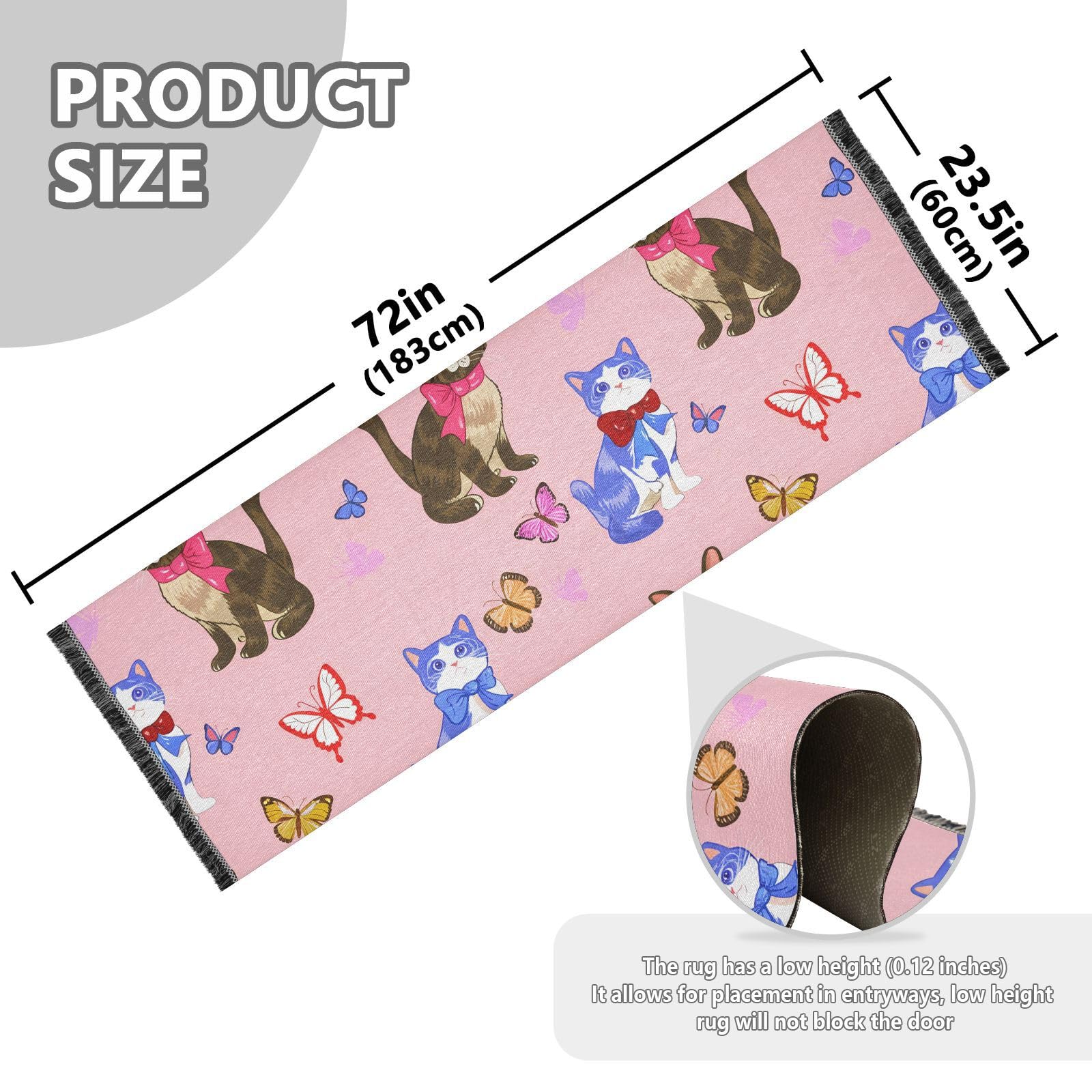 Cats Butterflies Lightpink Runner Rug for Hallways Kitchen Rugs Washable Rug for Hardwood Bedroom Entryway 72 * 23.5 in