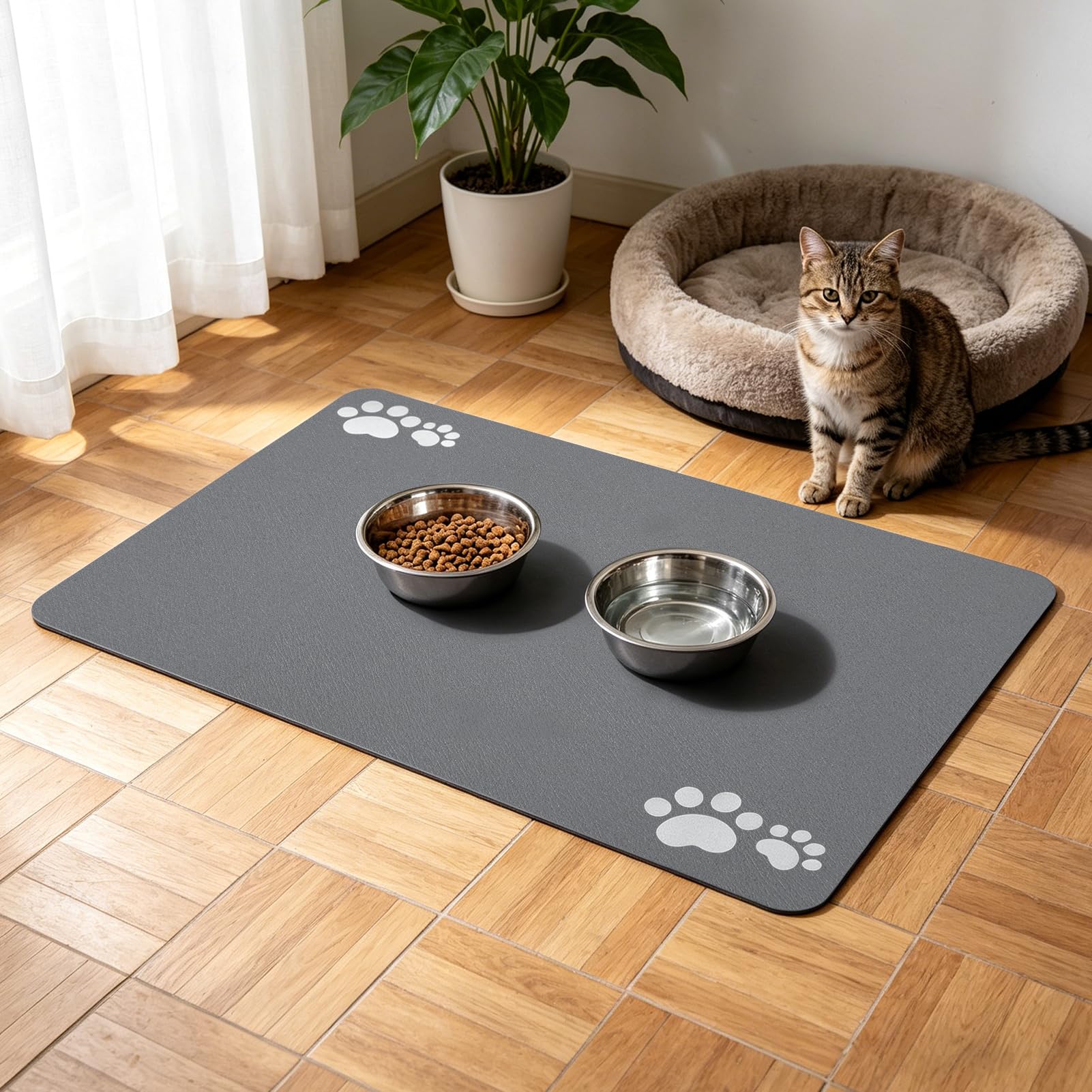 SARTNP Pet Feeding Mat, Absorbent Dog Mat for Food and Water, Quick Dry Water Dispenser Cat & Dog Food Mat, Easy to Clean Dog Bowl Mat, No Stains Pet Placemat (Dark Grey, 30 x 50 cm)