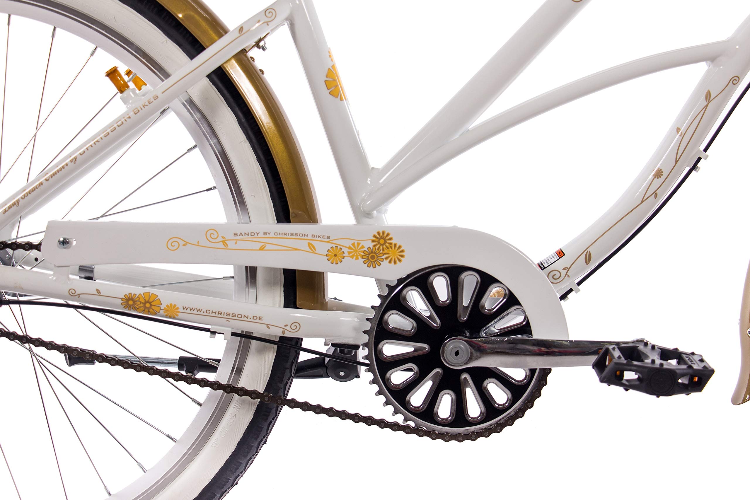 CHRISSON 26 Zoll Beachcruiser Sandy Weiss Gold mit 3 Gang Shimano Nexus Nabenschaltung, Damenfahrrad im Retro Look, Vintage Cruiser Bike