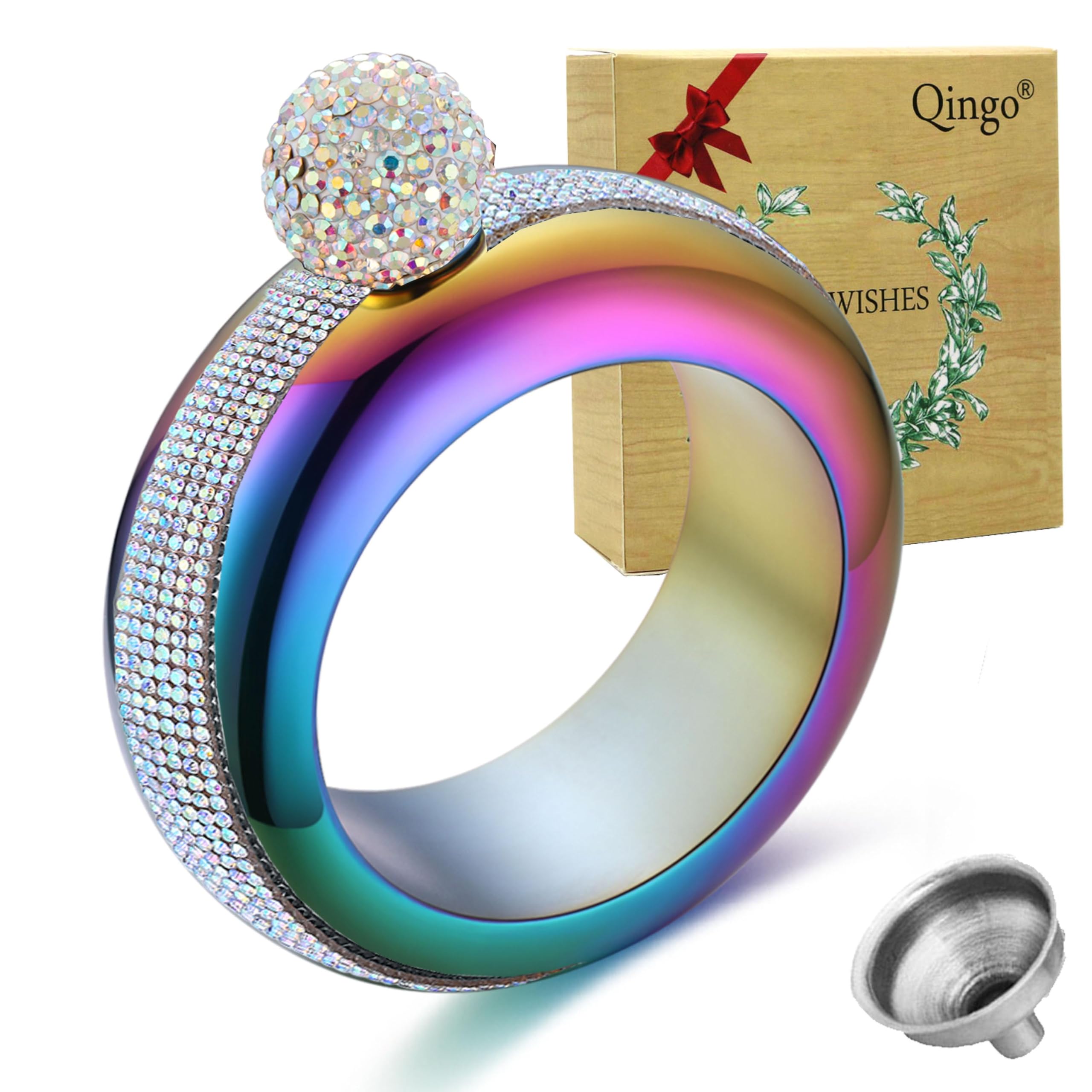 Flask Bracelet Bangle Flask Creative Stainless 304 Steeland Hip Flask Funnel Set For Women 3.5 oz (Rainbow Rhinestones Lid)