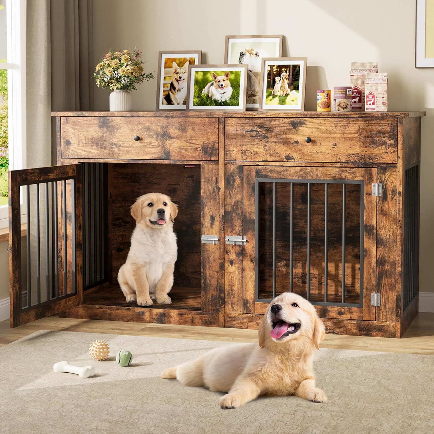 Dog Crate Furniture for 2 Dogs, 60" Farmhouse Dog Kennel Furniture with 2 Large Drawers, Indoor Dog Cage & TV Stand, Wooden Double Dog Crates for Small Medium Dogs, White