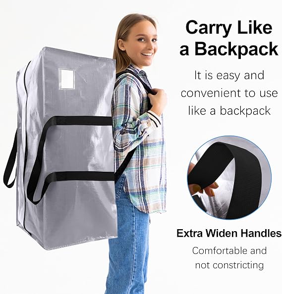 6 Pack Heavy Duty Extra Large Moving Bags W/Backpack Straps - Strong Handles & Zippers, Storage Totes For Space Saving, Fold Flat, Alternative to Box and Bin (40 gal, Silver)