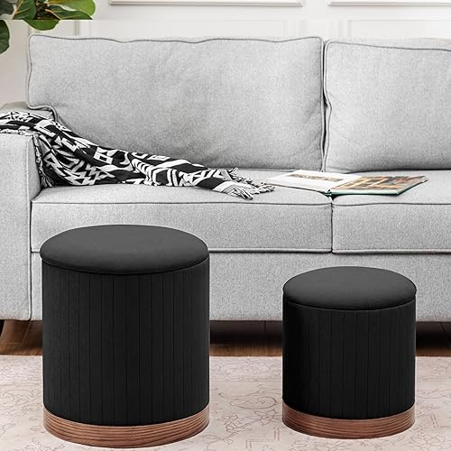 Adeco Otomana redonda con almacenamiento, juego de 2, otomana de almacenamiento de terciopelo para sala de estar, reposapiés con tapa extraíble