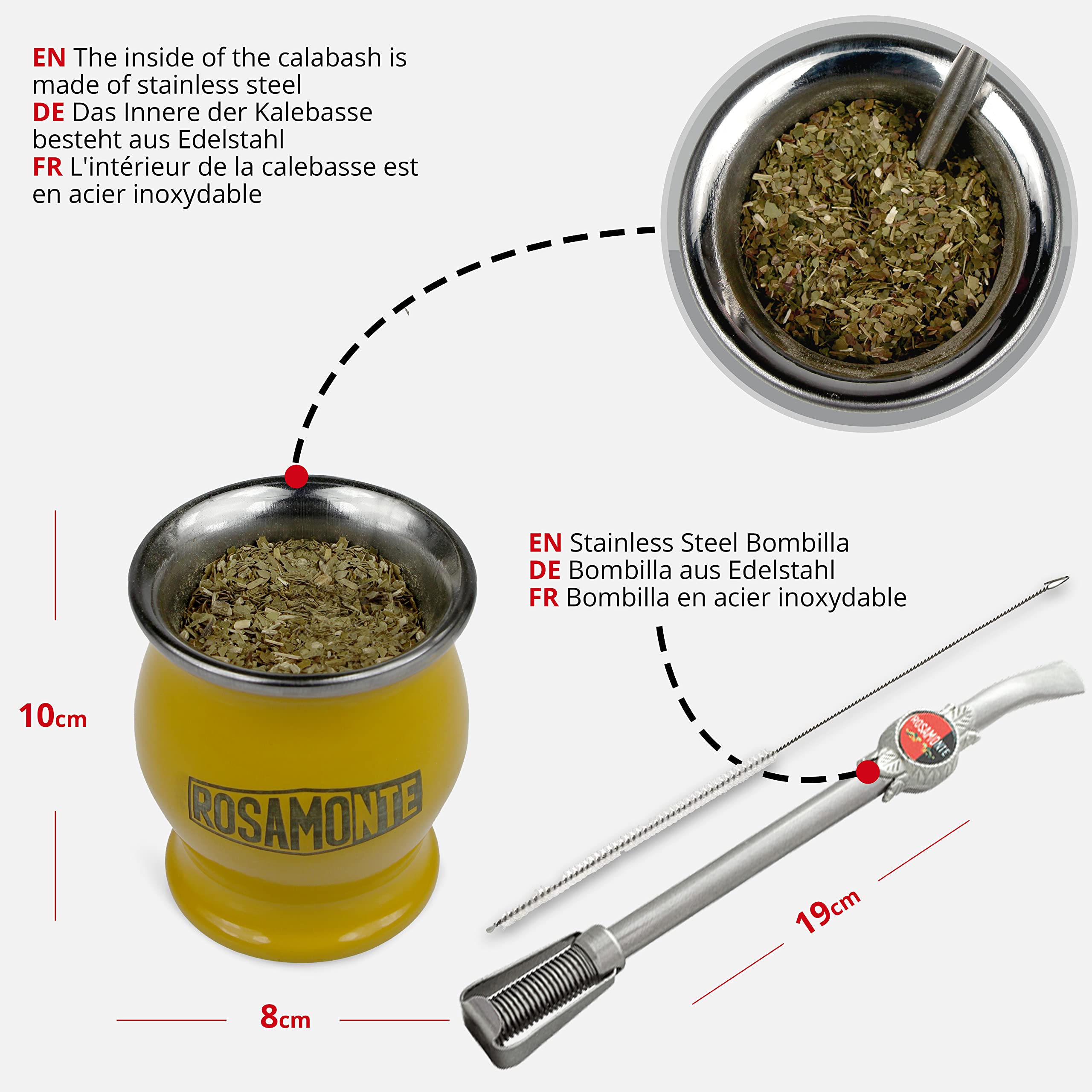 Yerba Mate Rosamonte Traditional 1 kg stal szlachetna Mate Tee: kubek matowy żółty - wapian | słomka do herbaty mate - bombilla | szczotka do czyszczenia w zestawie