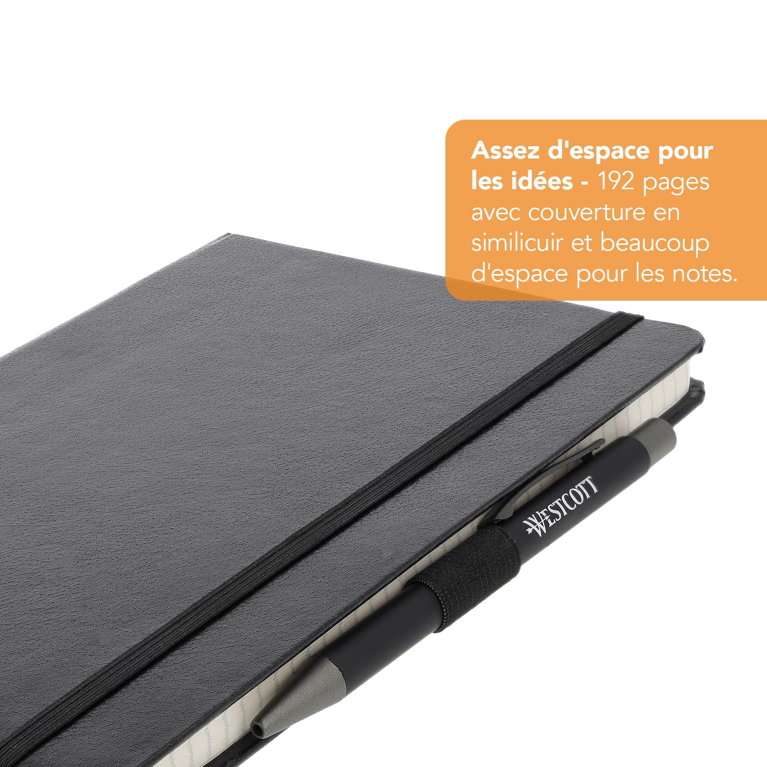 Westcott Carnet de notes DIN A5 quadrillé 192 pages 80 g/m² papier FSC-Mix avec poche intérieure marque-page porte-stylo