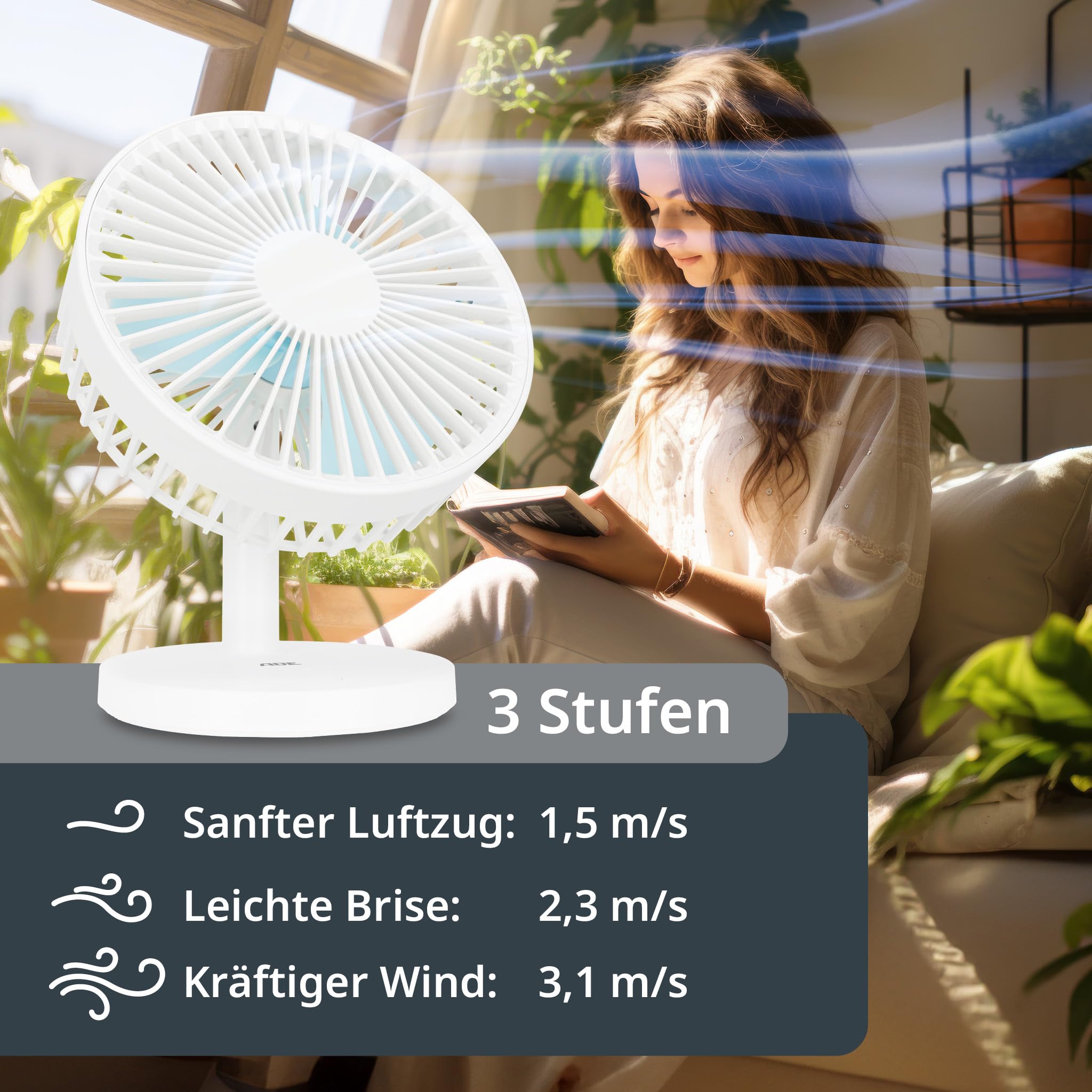 ADE Tischventilator USB 3 Stufen Akku 7,5 h 2000 mAh 90° Neigung weiß