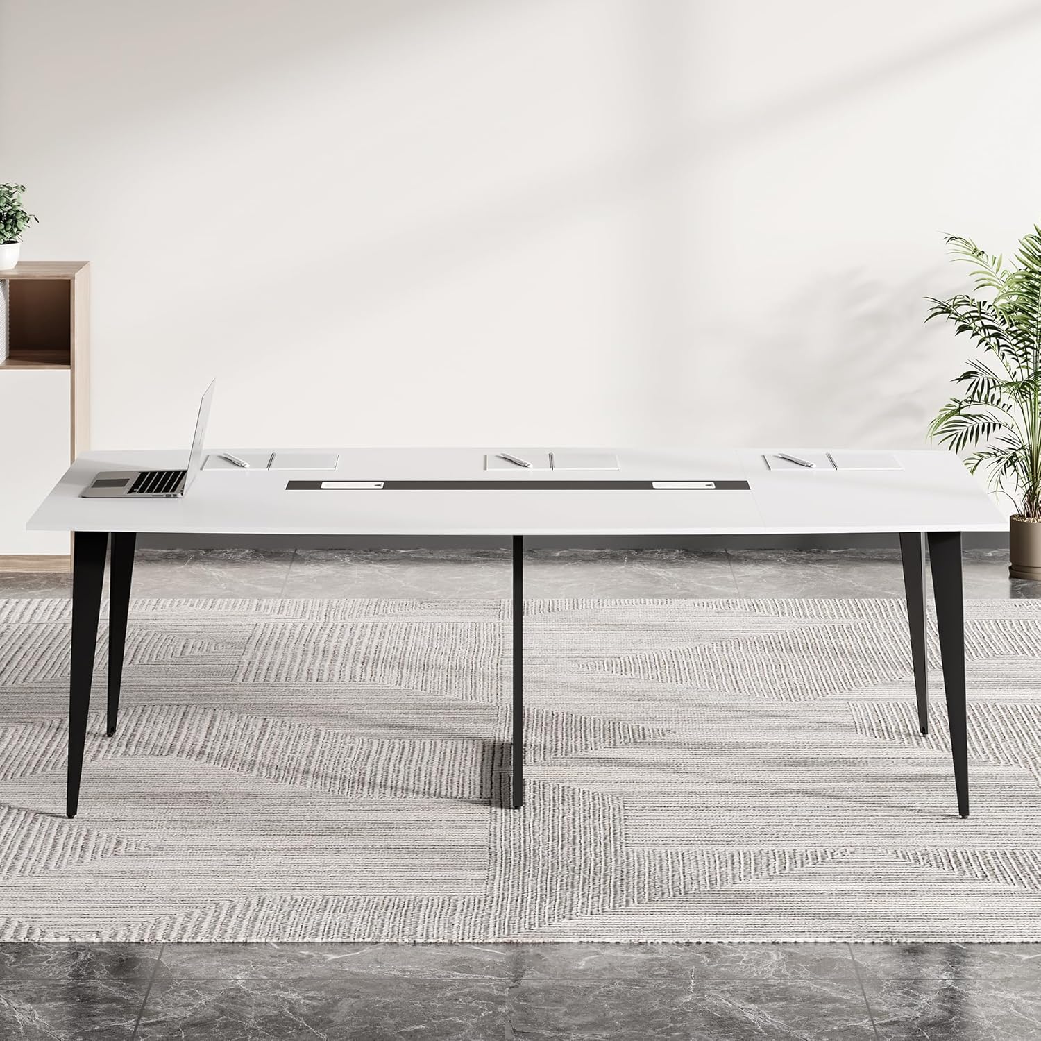 LITTLE TREE 8FT Conference Room Table, 94.48L x 47.21W x 29.52H Boat Shaped Meeting Table, White&Black