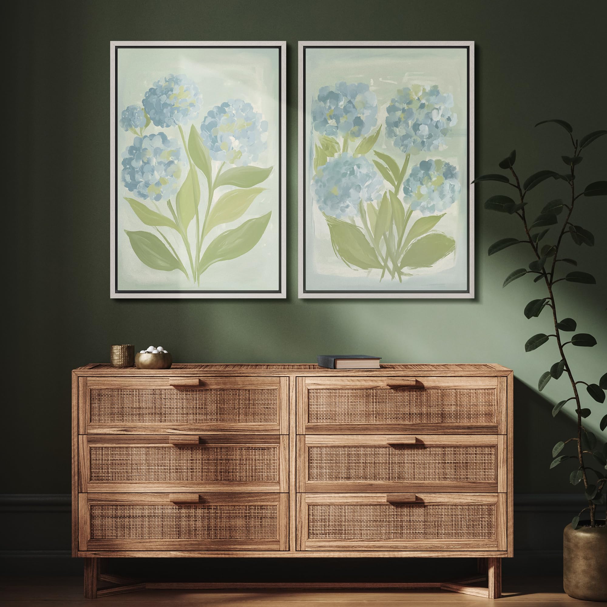 SIGNFORD Framed Canvas Print Wall Art Set Soft Hydrangea Pair Light Blue Florals with Green Leaves Illustration Modern Art Decorative Nordic Nature for Living Room, Bedroom, Office - 24"x36"x2 White — view 5