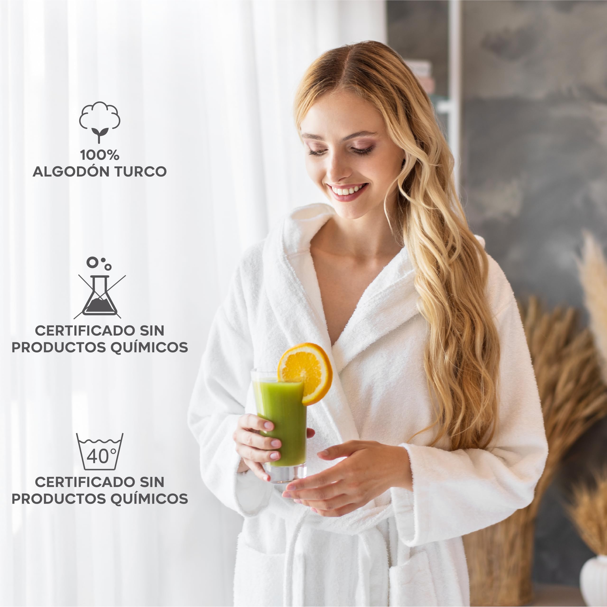 Twinzen Bata Mujer - 100% Algodón, Certificado Oeko Tex - Albornoz de Algodón con Capucha, 2 Bolsillos, Cinturón - Bata de Baño Suave, Absorbente y Cómoda