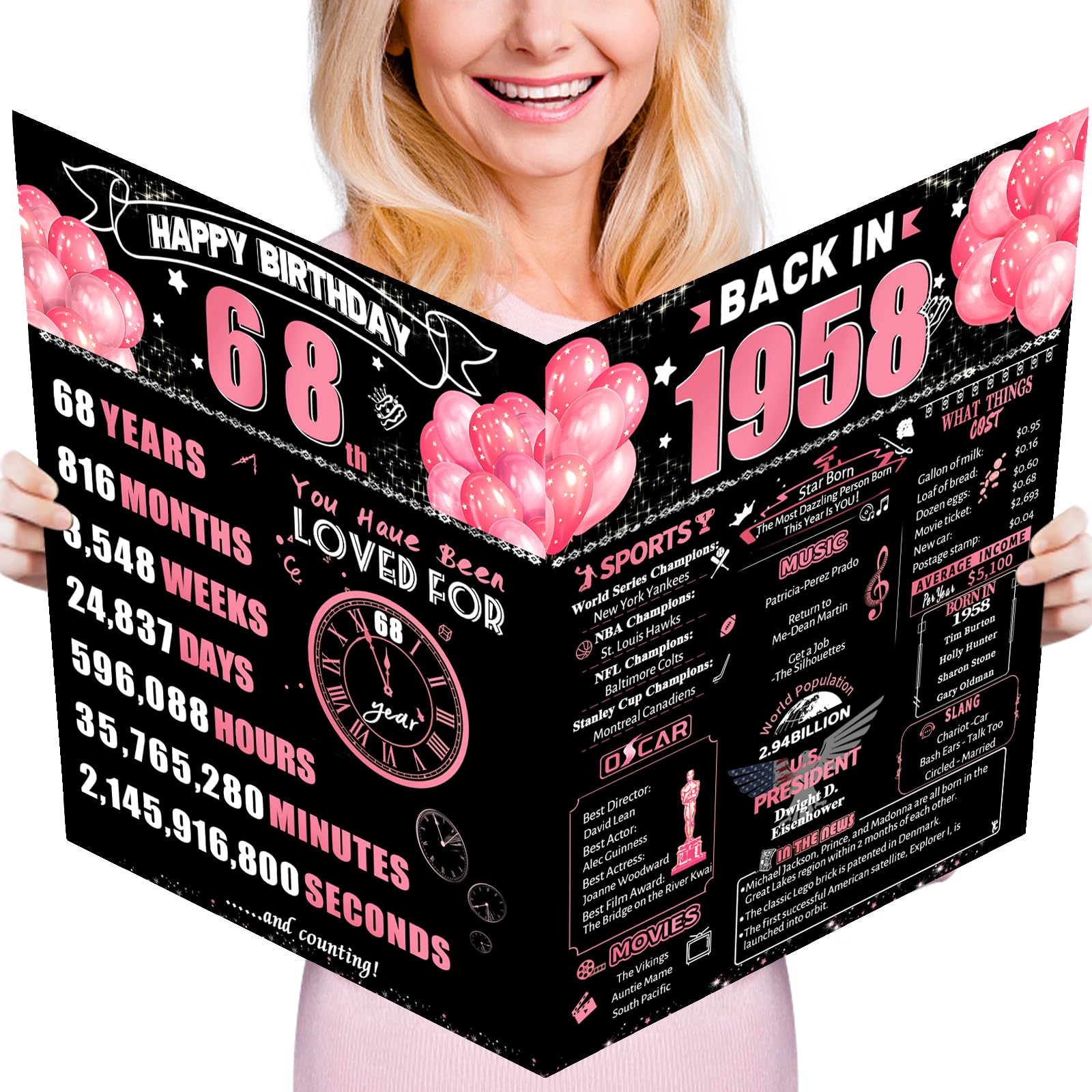 FOBELEC 68th Jumbo Birthday Card with Envelope, Black Pink Retro Birthday Decorations for Women and Men, 68 Year Old Funny Birthday Gifts for Mother and Dad, Back in 1958 — image 1