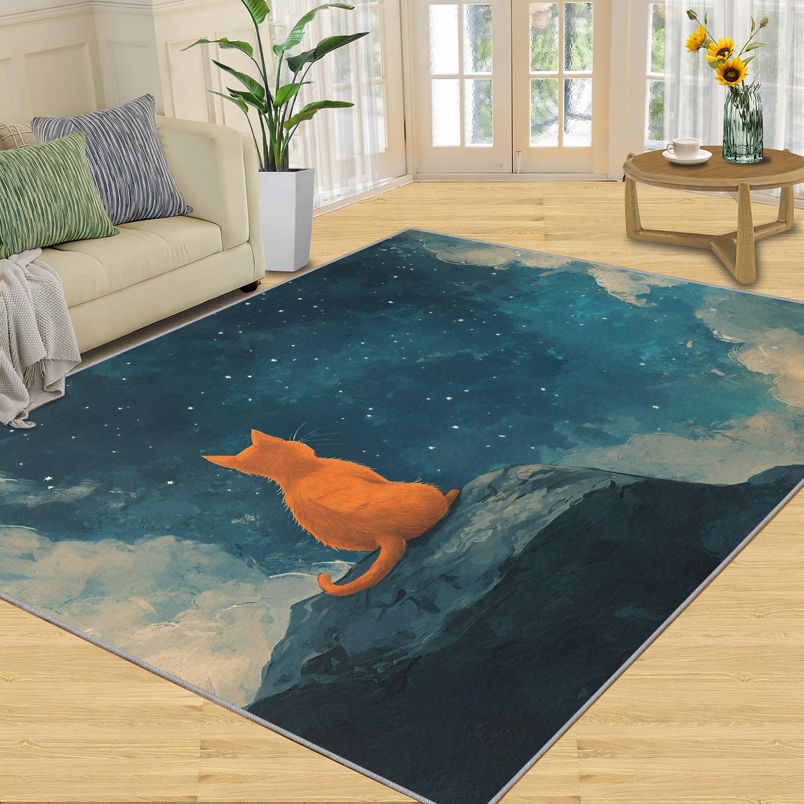 FBRUIEG Cartoon Orange Cat Rugs for Living Room, Star Cat Bedroom Rug, Home Decor Area Rug for Front Porch Kitchen Entryway Doormats Floor Mat 160x230cm
