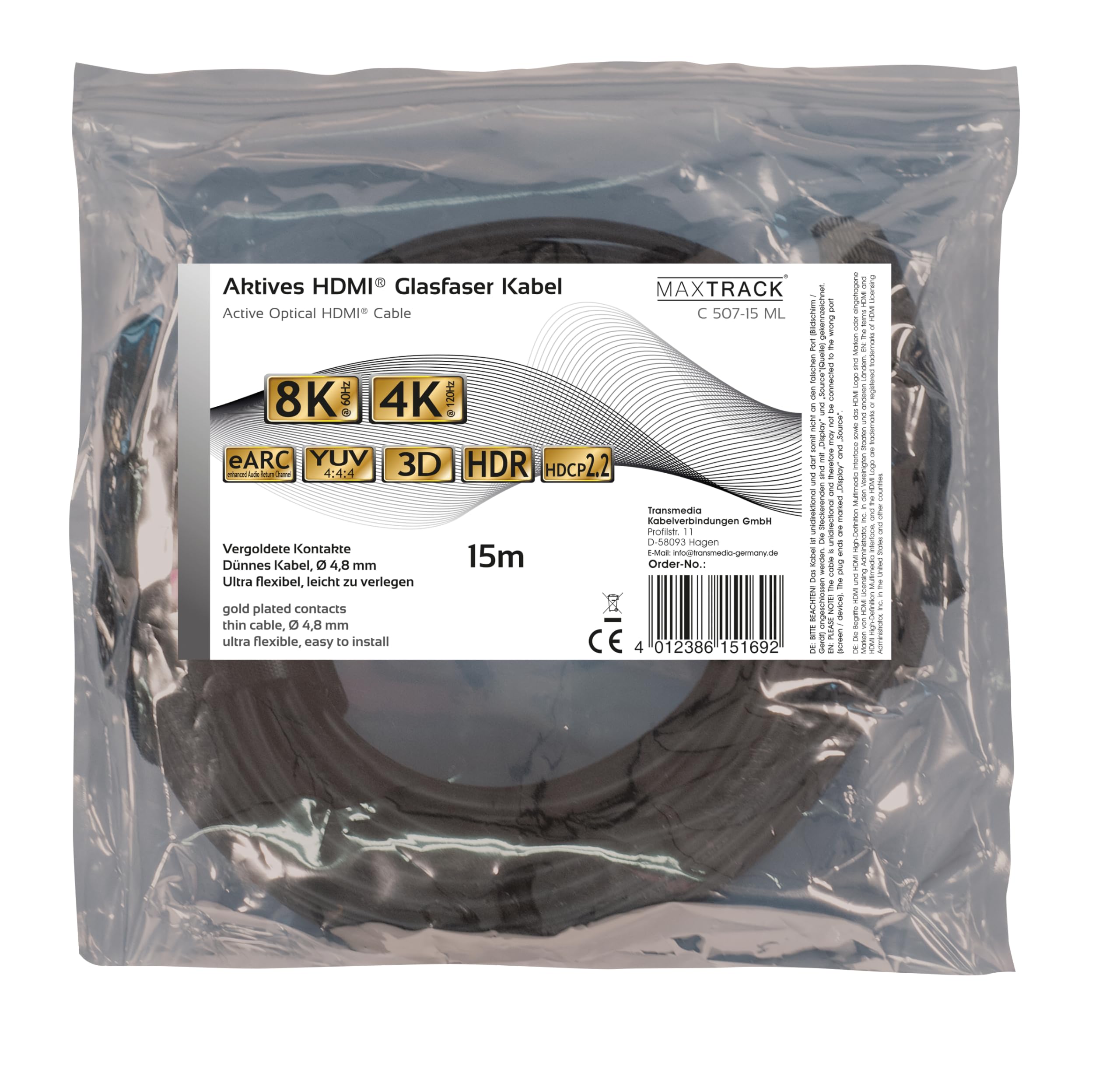 Maxtrack Cable activo de fibra óptica HDMI® C507-15ML - HDMI 2.1, 8K @ 60Hz, 4K @ 120Hz, eARC, 3D, HDR, HDCP 2.2, YUV 4:4:4, alcance de hasta 100 m