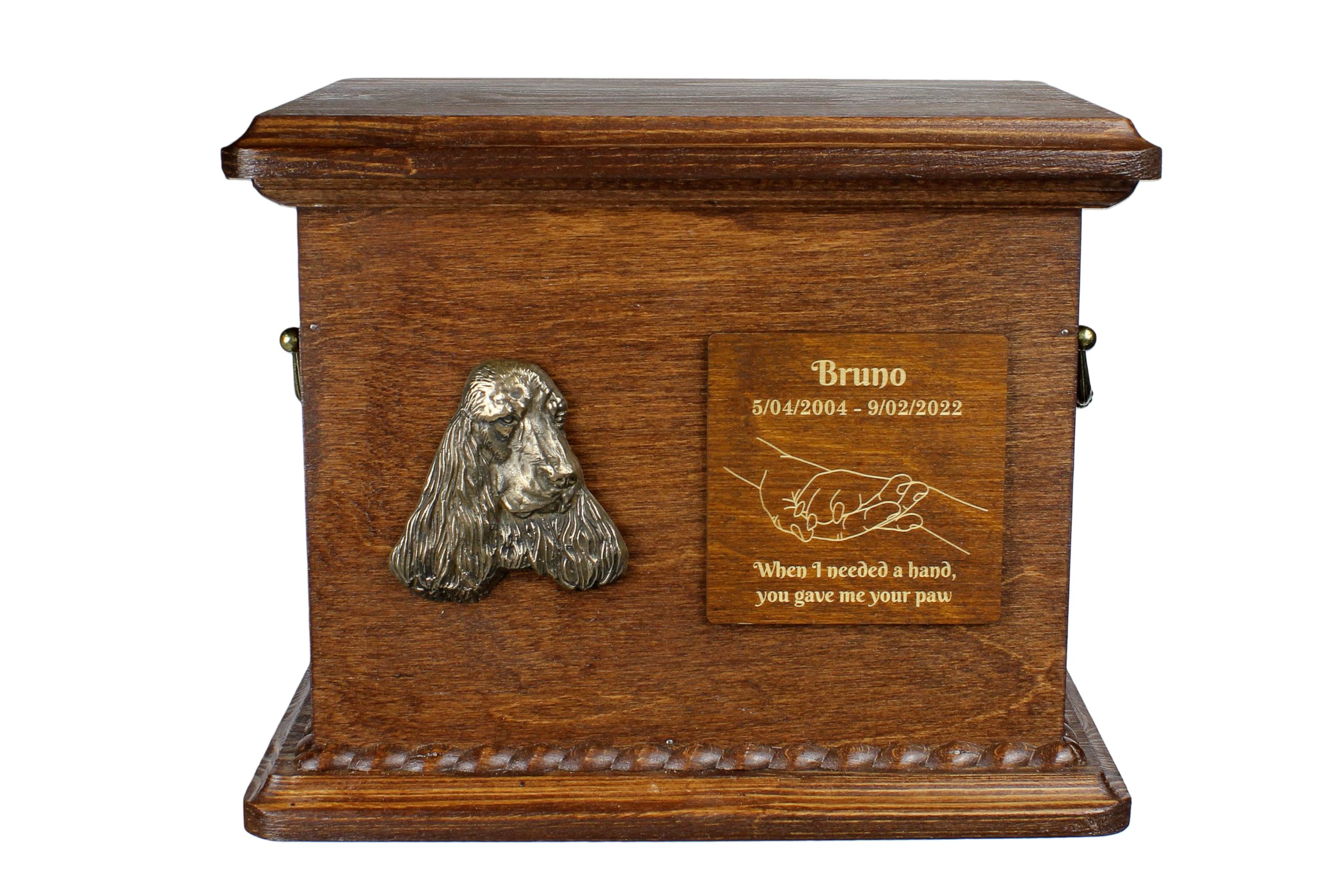 Art-Dog Urn for Dog Ashes - Handmade Memorial with Relief, Personalized Engraving, and Cold Cast Bronze Bust – Custom Pet Memorial Urn – 8.3x11.4x8.7” – English Cocker Spaniel