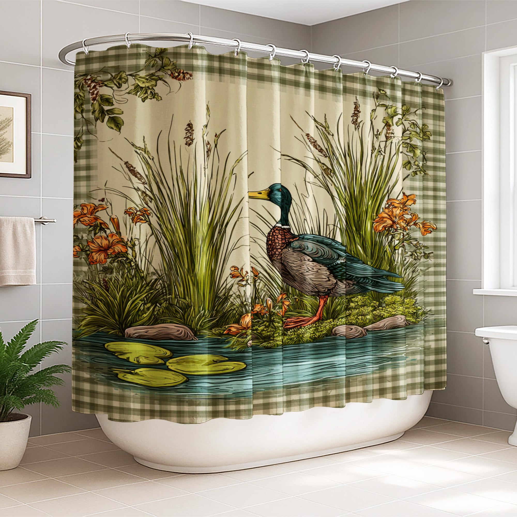 Rideau de douche extra large 274x183 cm avec crochets au motif canard rustique