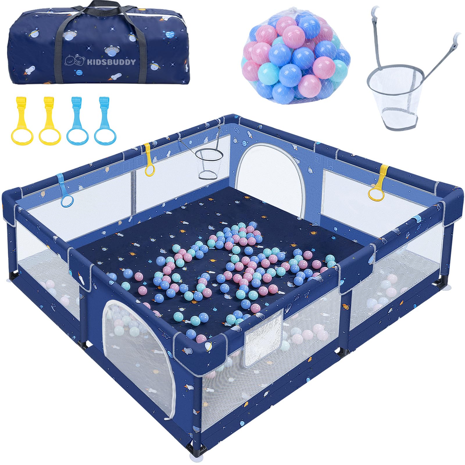 Parque infantil de 180 x 150 x 68 cm, parque infantil con anillos de tracción, pelotas, red transpirable, suelo antideslizante, parque de seguridad para niños (dibujos animados, 180 cm)