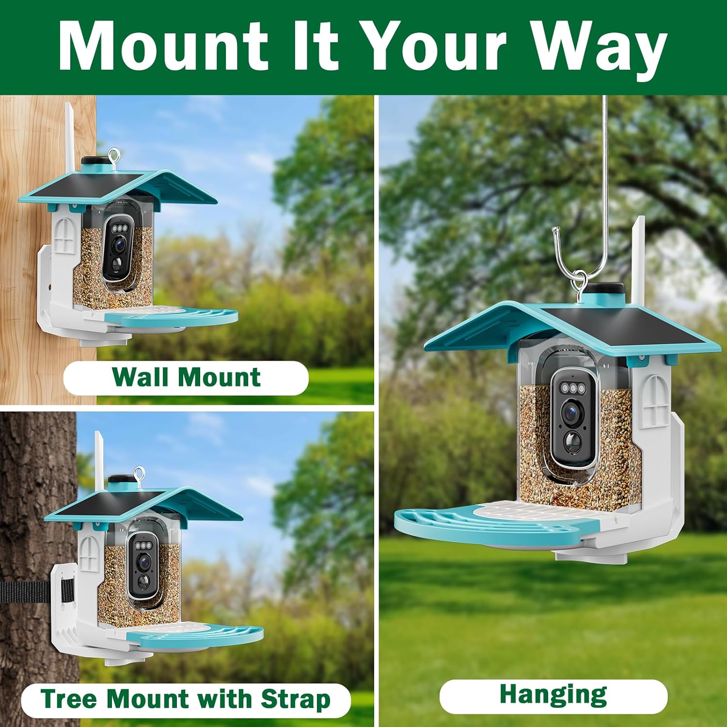 Smart Bird Feeder with Camera Solar Powered - AI Bird Identification, 2K HD Video Live Stream Camera, 3MP Photos, 2.9in Focus, Gifts for Mom Dad Birdlovers, Blue - Image 8