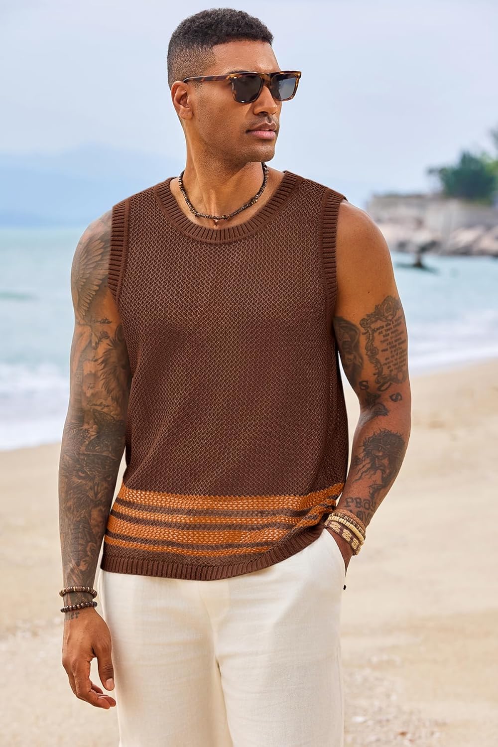 Runcati Mens Sleeveless Tank Tops Knitted Hollow Out Crochet T-Shirts Muscle Summer Beach Color Block Shirts - Image 3