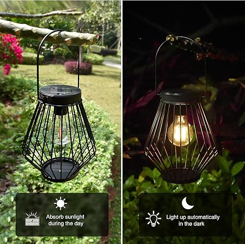 Miniatura 5 de Faroles solares impermeables para exteriores, luces colgantes solares de metal retro para exteriores, lámparas LED alimentadas por energía solar,