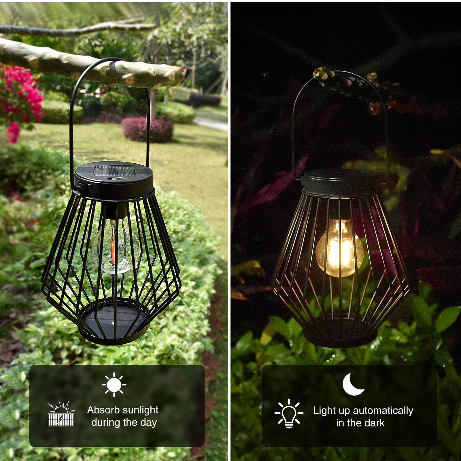 Solar Lantern Outdoor Hanging 2PK, Solar Powered Metal Light with Handle, Waterproof Wireless Warm Retro Bulb Design Lamp for Yard Garden Patio Fence Porch Decor