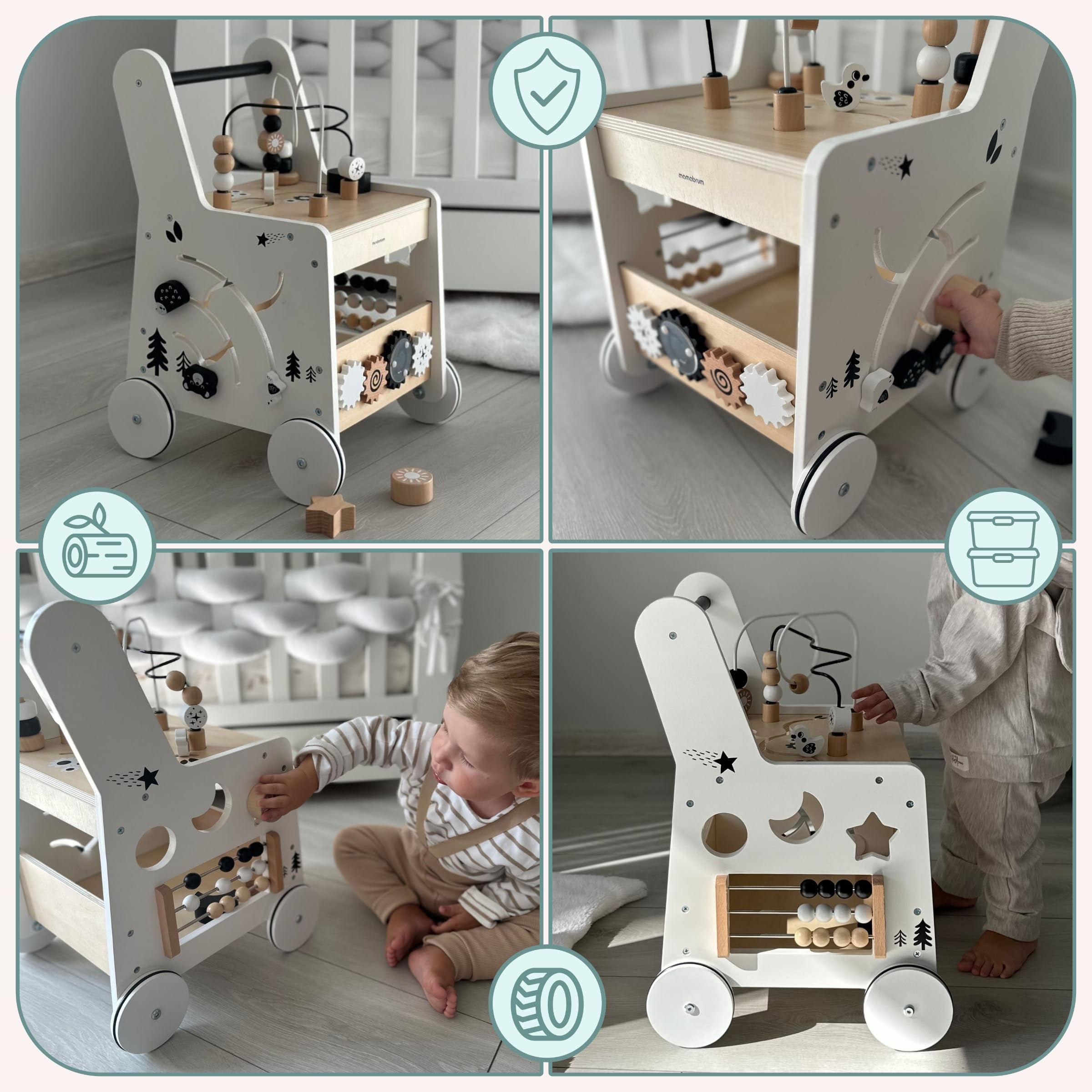 Mamabrum Caminadora y Andador Bebé 6 en 1 - Mesa Educativa de Madera con Ábaco, Engranajes y Juegos - Centro de Actividades para Primeros Pasos - 31 x 28 x 49 cm