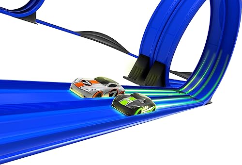 Miniatura 6 de Juego de pista de carreras con control remoto inalámbrico que brilla en la oscuridad de alta velocidad con dos autos para carreras duales, azul