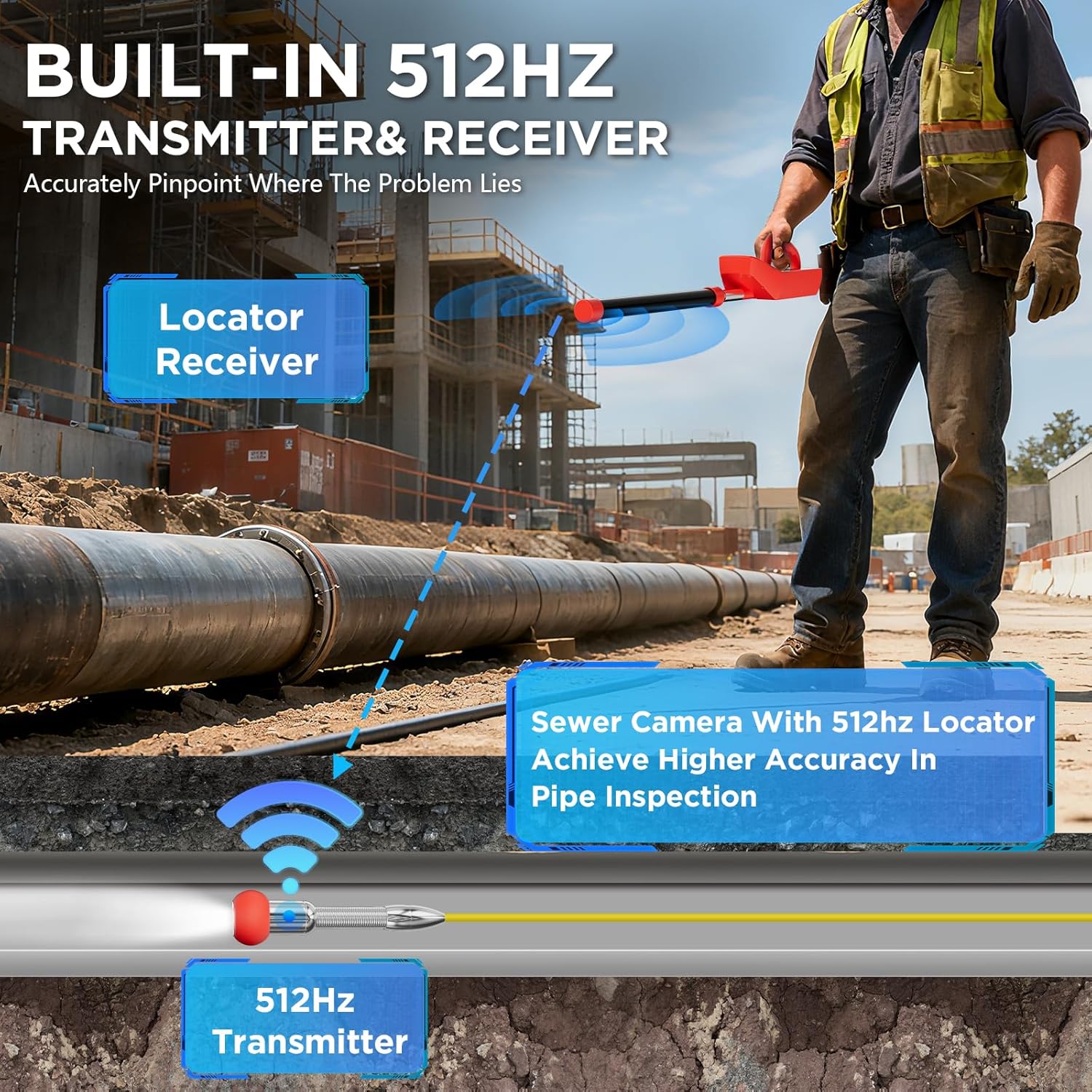 Okk Sewer Camera with Locator, Drain Camera 100ft with 512Hz Sonde, Pipe Inspection with Self-Leveling, Industrial Endoscope with DVR, 9" LCD, Meter Counter, IP68 Waterproof, 12 LEDs, 16GB Card