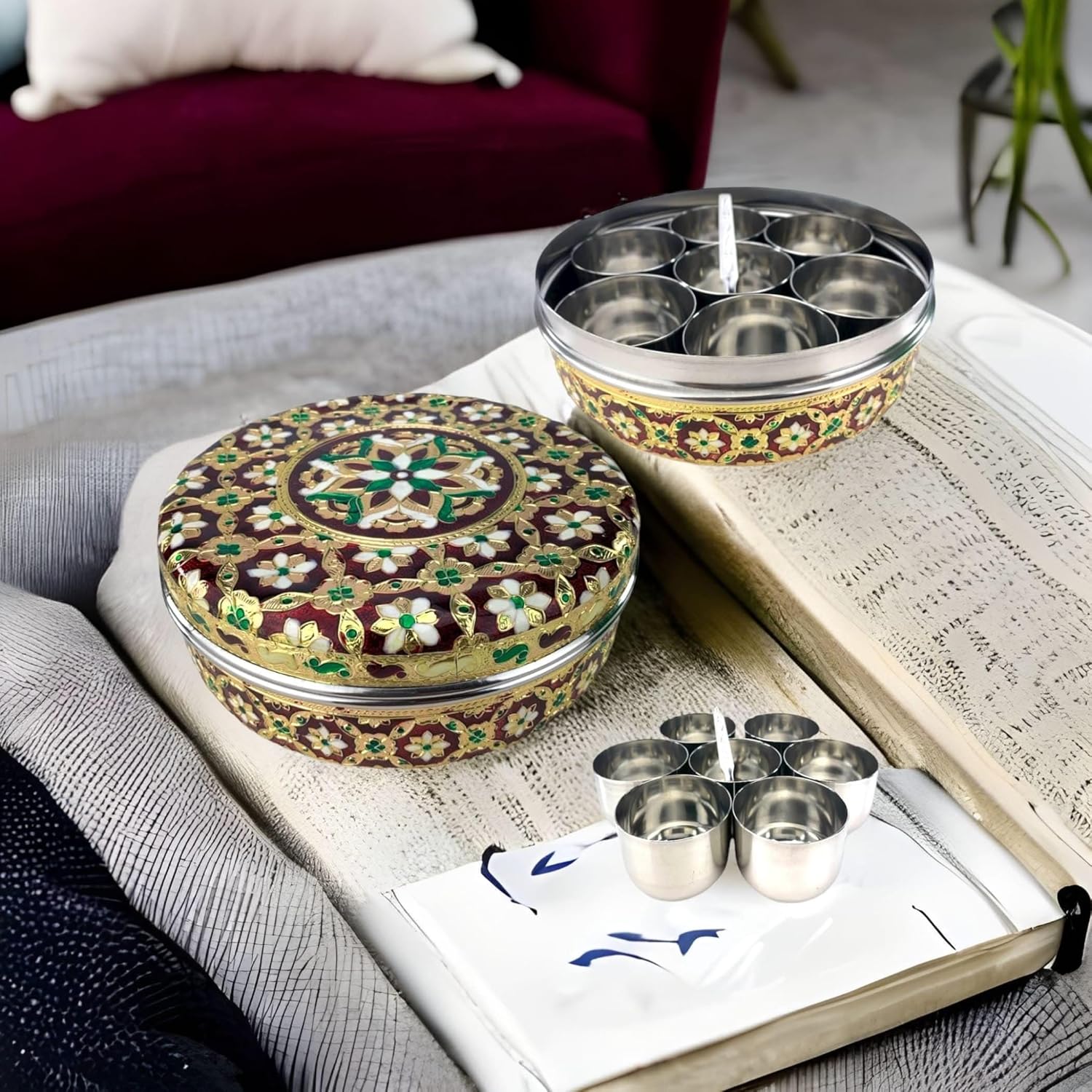 LOVENSPIRE Meenakari Steel Indian Spices Box Designer Small Round Masala Box Spice Organizer Masala Dabba Kitchen Essentials Home Decor Housewarming Gift - Image 5