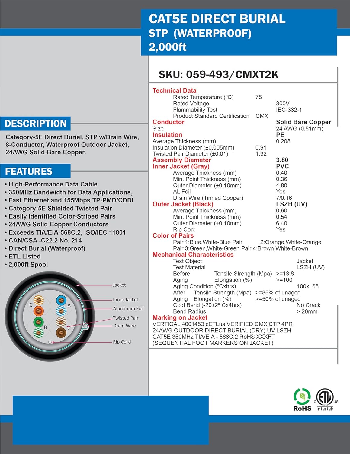 Vertical Cable CAT5E, Shielded Dual Jacket, Direct Burial, 2000ft, Black, Bulk Ethernet Cable, Wooden Spool