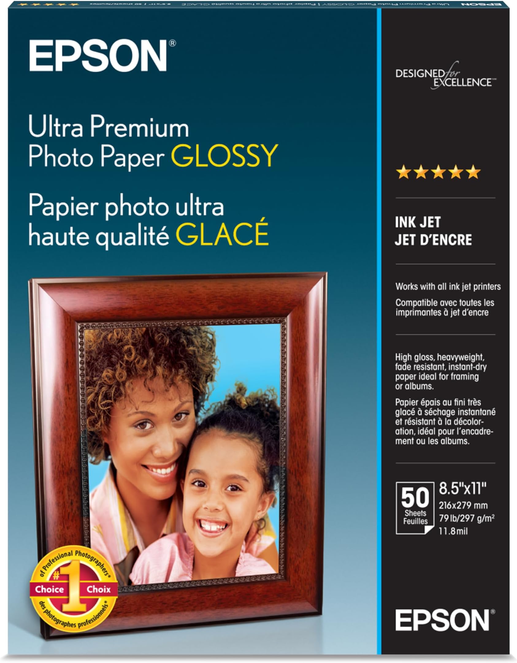 Epson Ultra Premium Photo Paper GLOSSY (8.5x11 Inches, 50 Sheets) (S042175),White