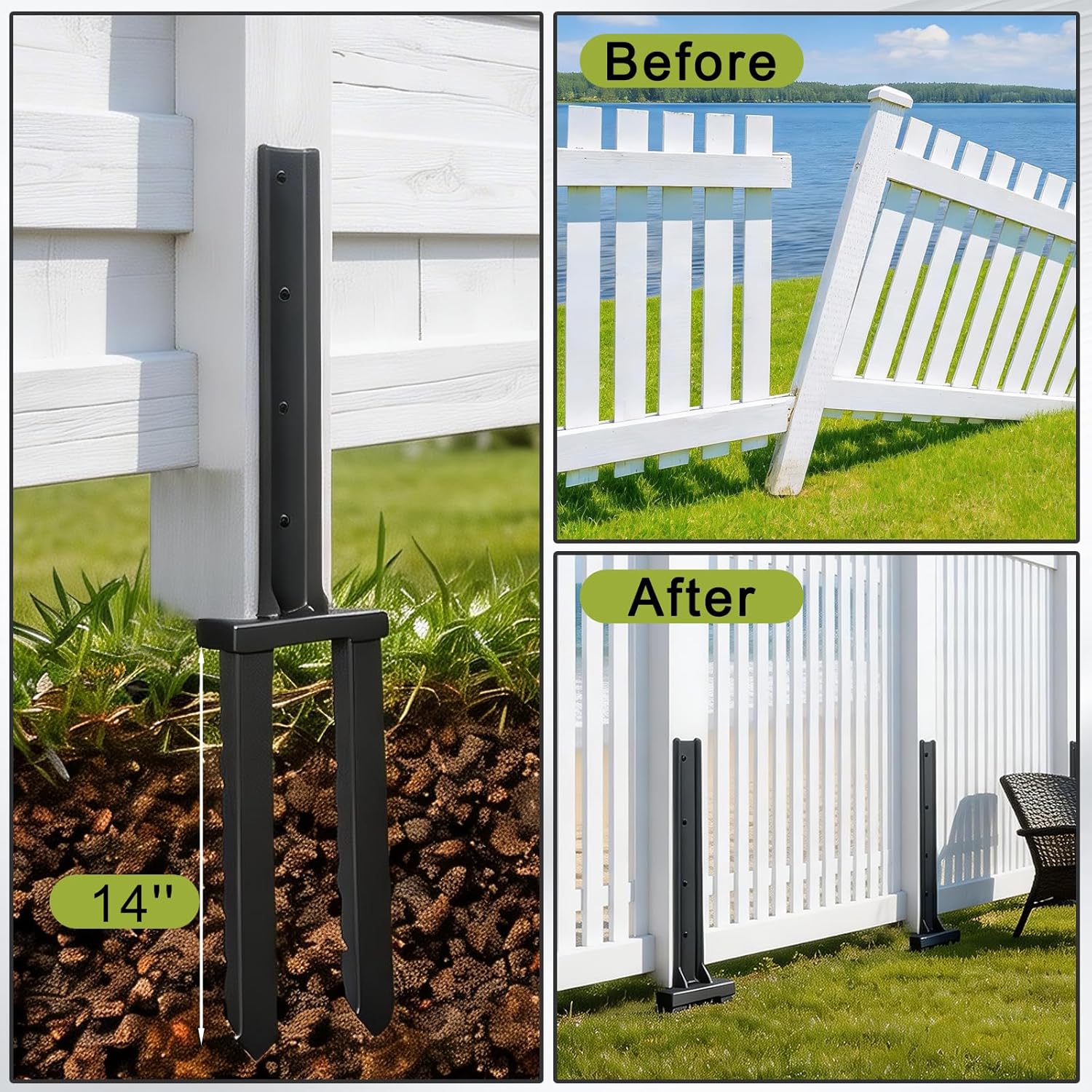 Fence Post Repair Kit 4 Pack,30" Heavy Duty Fence Post Stake Spike with Black Powder-Coated,Thickened Anchor Ground Spike for Repair Tilted/Broken Wood Fence Post