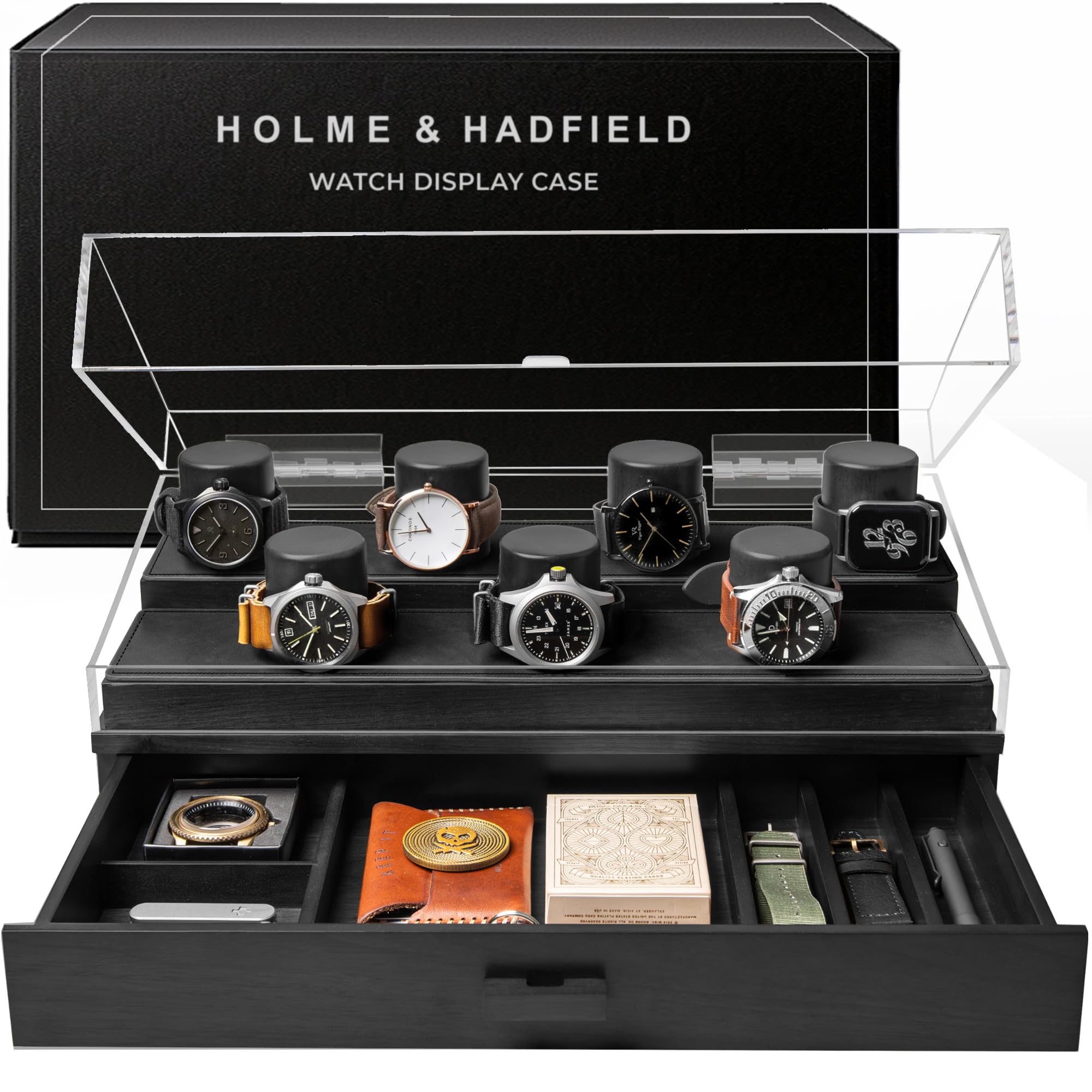 Premium 7 Slot Watch Box for Men - Large Wooden Watch Display Case with Hinged Cover, Leather Lining & Drawer - Watch Holder Organizer Stand - Handcrafted Luxury Christmas Gift for Men