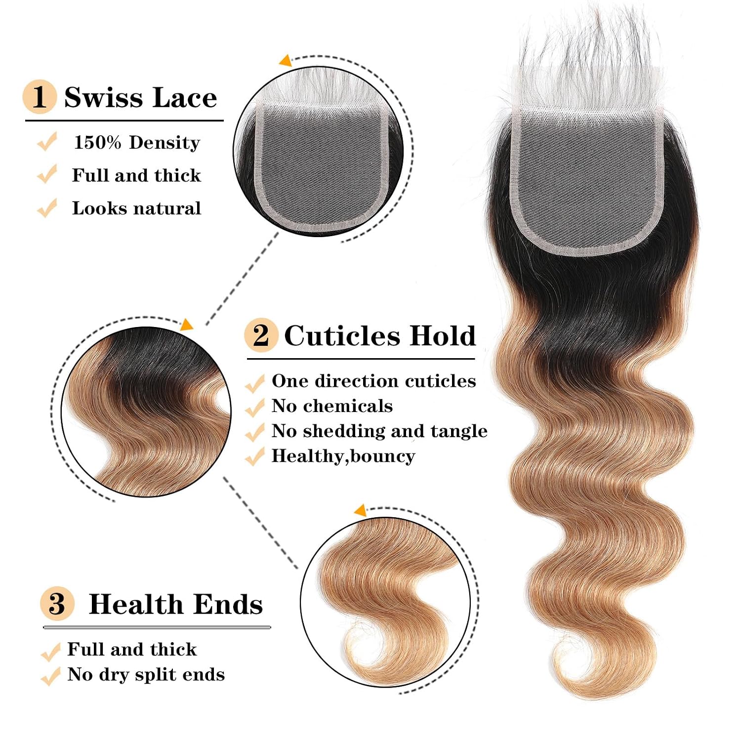 16A Ombre Body Wave Bundles Human Hair with Closure (T1B/27,14 16 18+12") 100% Unprocessed Virgin Brazilian Ombre Highlight Body Wave Human Hair Weave 3 Bundles with Closure