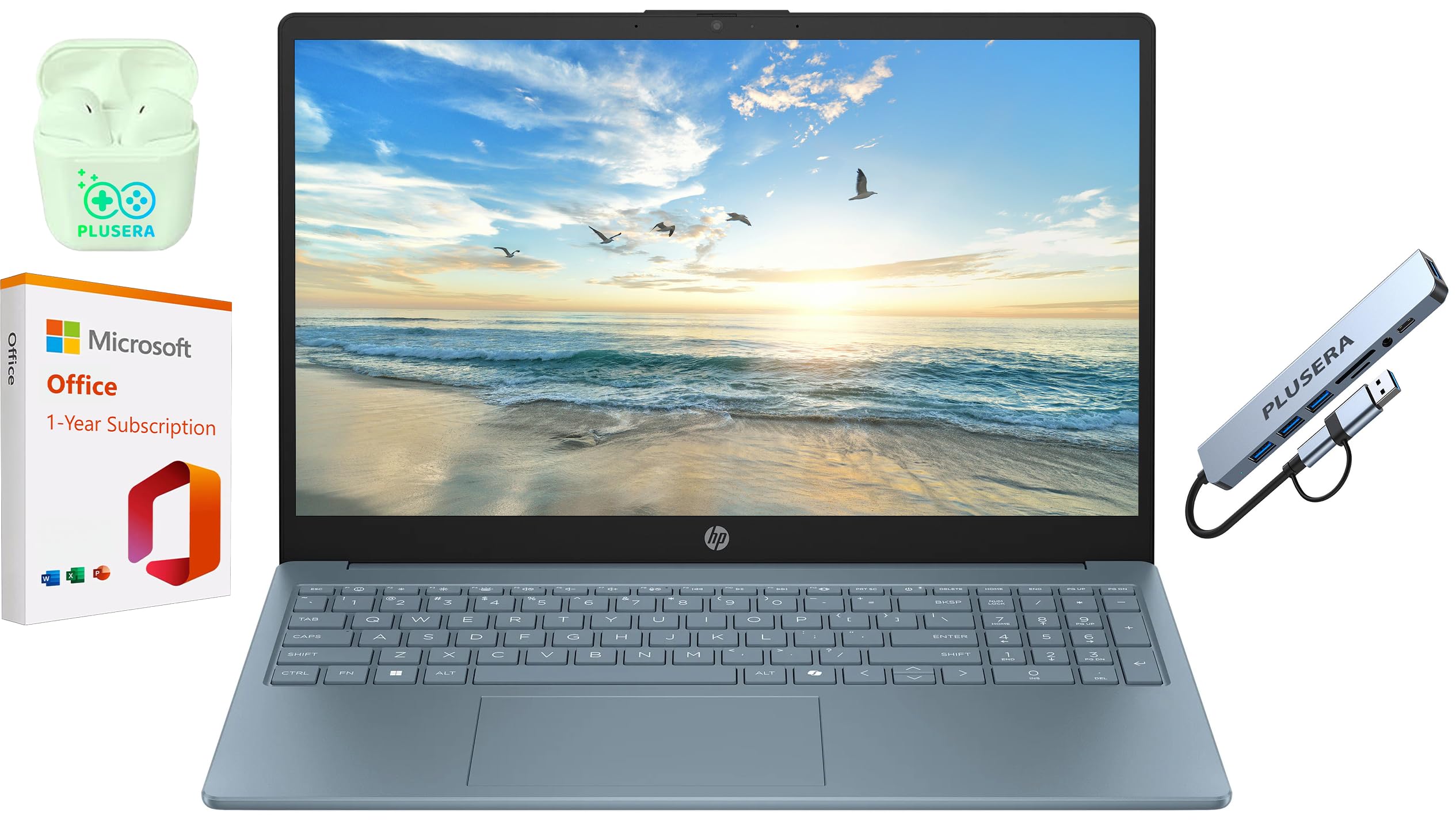 HP 15.6" Business Laptop with Microsoft Office 365, 1.1TB Storage (128GB UFS + 1TB OneDrive), 16GB RAM, Quad-Cores Intel Processor, Windows 11, PLUSERA Earphones & 8-in-1 Hub Included, Moonlight Blue