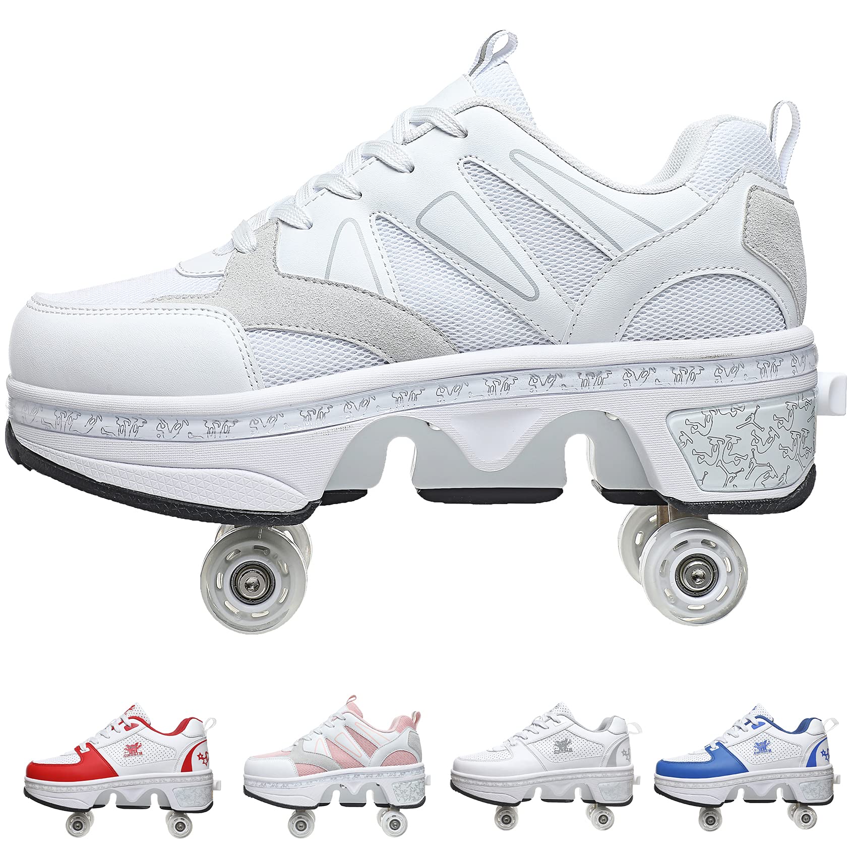 PLMOKN Women's Retractable Roller Skates Outdoor Girls Kick Roller Shoes Men Deformation Sneakers,Mesh White(????)-EU 41/US 9.5