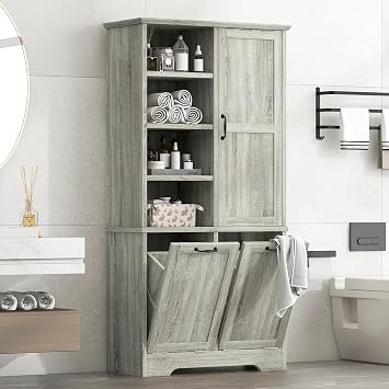 Virubi Tall Laundry Hamper Cabinet with 2 Tilt Out Hamper, Modern Wood Bathroom Laundry Storage Cabinet with Adjustable Shelves, Freestanding,Oak