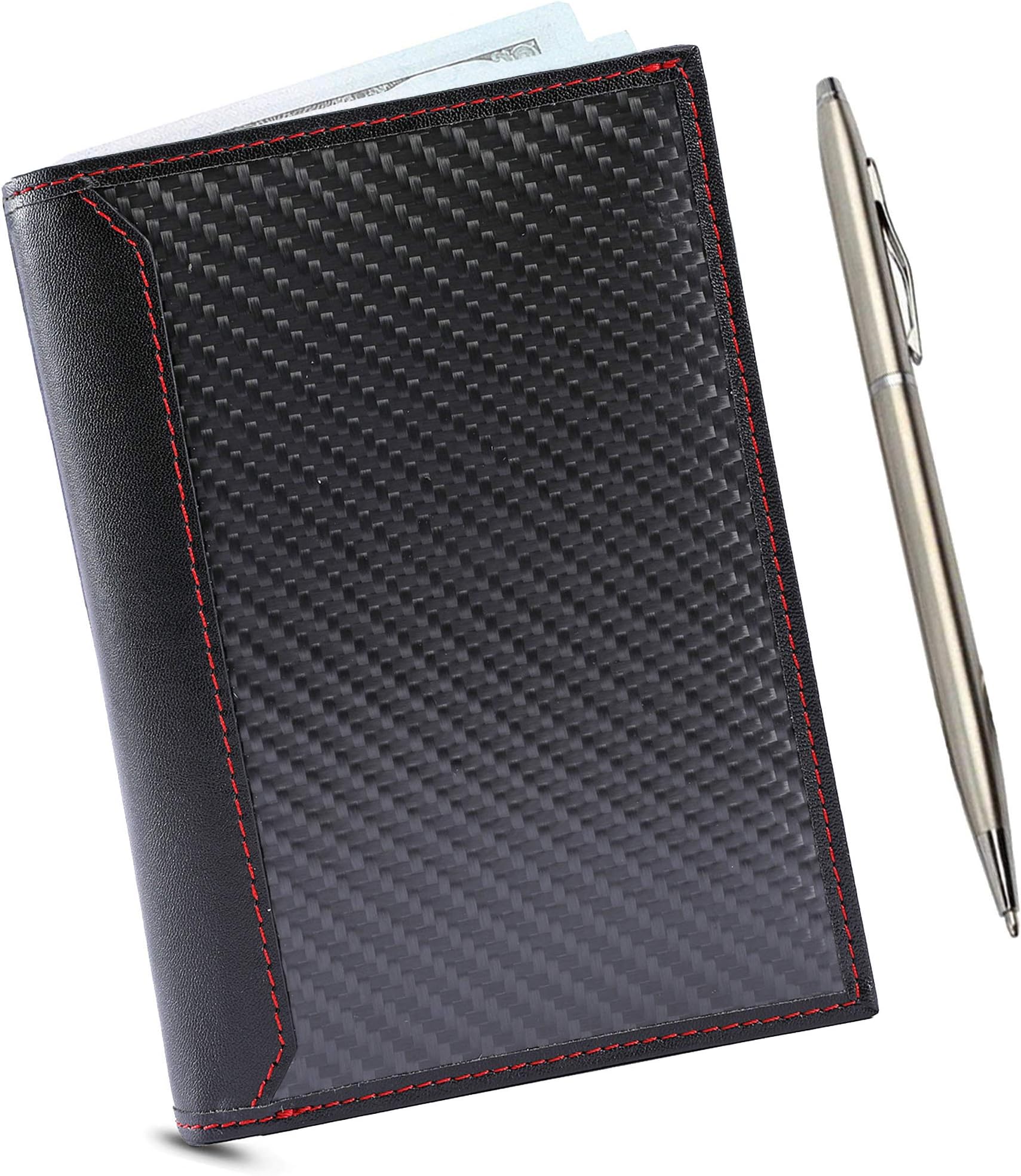 Carbon Leather Passport Holder RFID Blocking Technology Wallet - Slim, Minimalist Sleeve Wallets for Passports, Credit Cards, ID, Money - For Travel, Black Matte w/Red