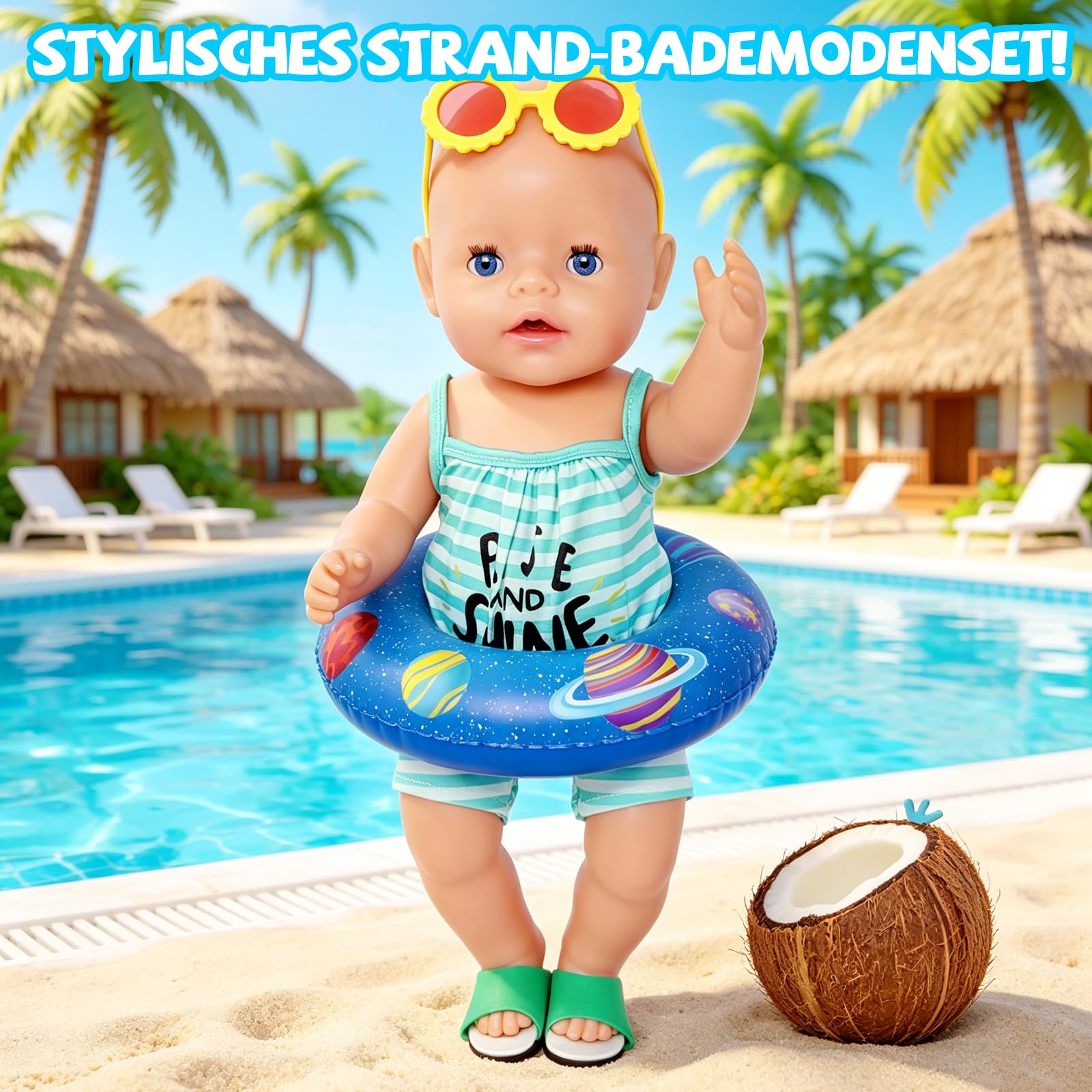 6-Teiliges Puppenkleidung 35–43 cm Sommer Set, Blau Weiß Gestreiftes Puppen Outfit mit Blauen Sandalen, Gelber Sonnenbrille, Blauem Schwimmring und Kleiderbügel