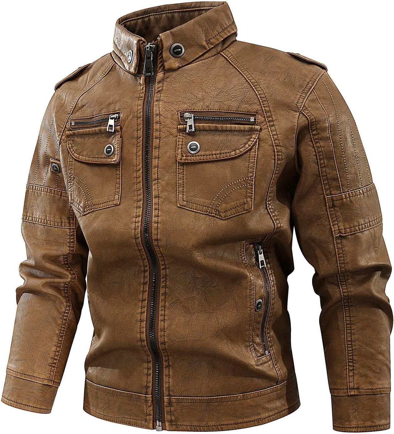 XUNRYAN Mens Faux-Leather Moto Jacket Slim Fit Zip Up Biker PU Racer Jackets Winter Warm Coat 2024 Fashion Outfit