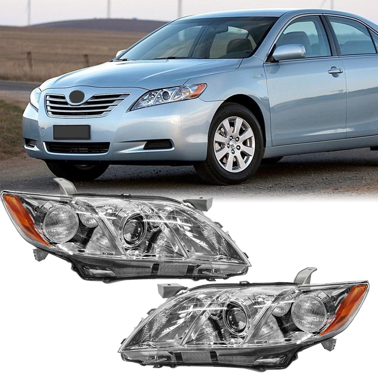 YLT AUTO Automotive Headlight Replacement Kit Pair of LH+RH Chrome Clear Lens Projector Headlamp Fit for 2007-2009 Toyota Camry with Amber Reflectors