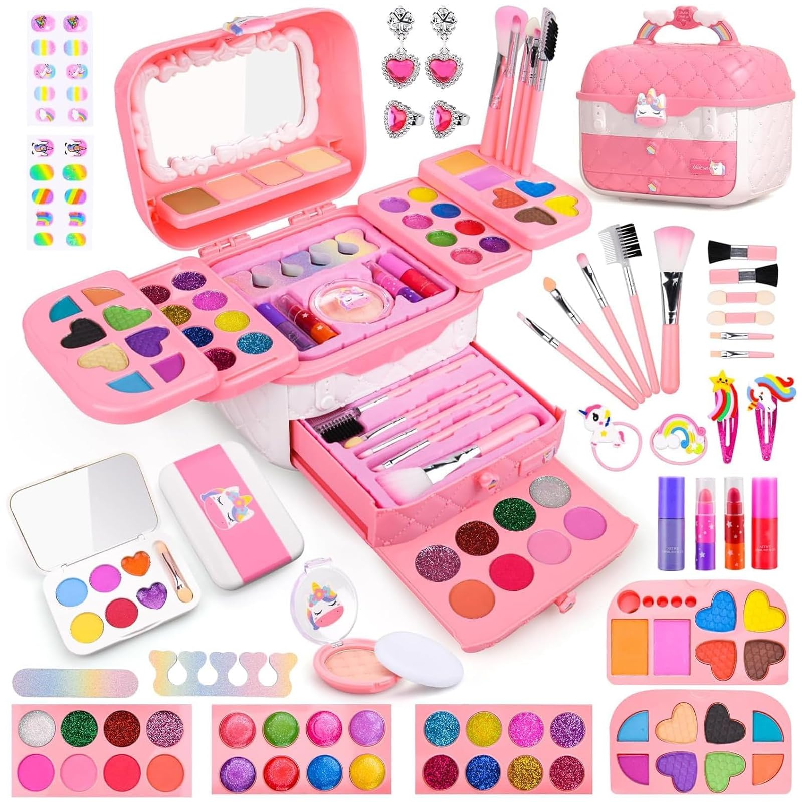 Beuenty Kids Makeup Kit for Girl, 72PCS Real Makeup Set for Girls, Safe Washable & Non-Toxic Kids Makeup Toys for Girl Aged 4 5 6 7+ Year Old, Girls Christmas & Birthday Gifts (Pink-A)