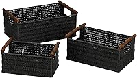 Household Essentials Black Woven Paper Rope Storage Baskets Set of 3 with Wood Handles - Small Medium Large for Home Organization