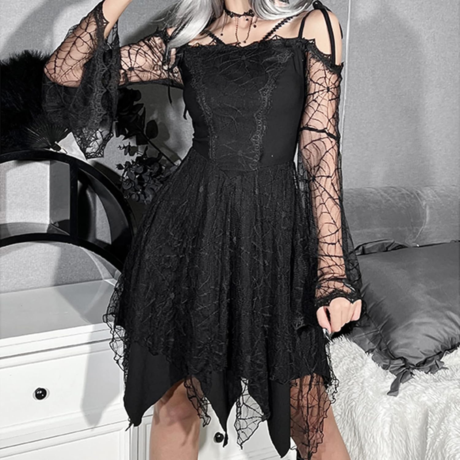 Kisswow Spider Web Bell Sleeve Vintage Dress Witchy Gothic Dresses for Women - Image 5