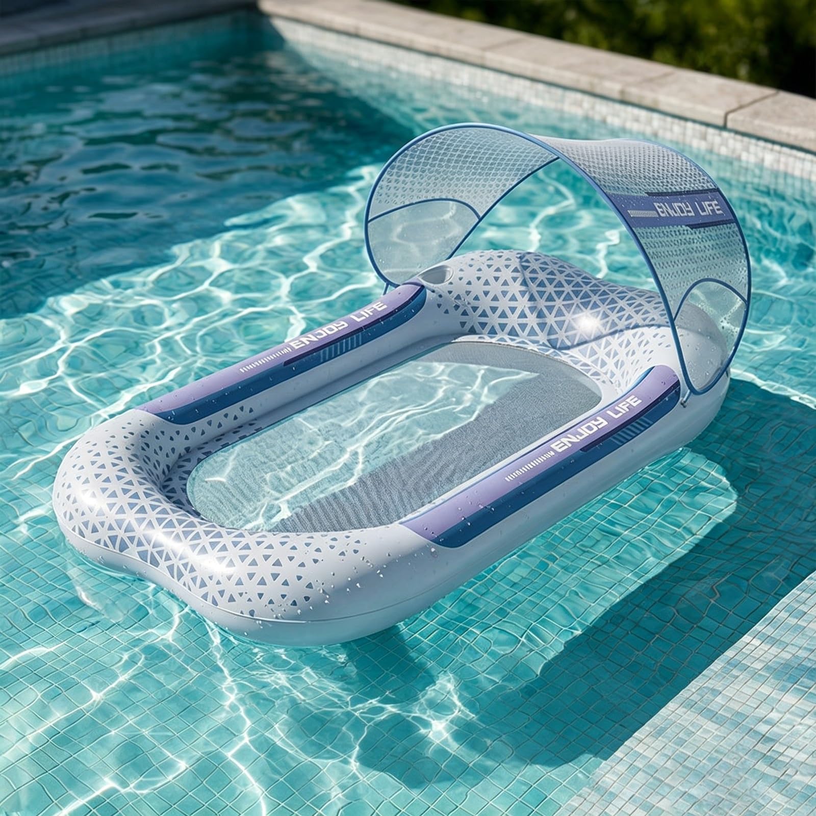 Matelas Piscine, Transat Piscine Gonflable avec Porte-gobelet et Pare-Soleil Amovible, Fond en Filet, Idéal pour la Plage et Les Lacs