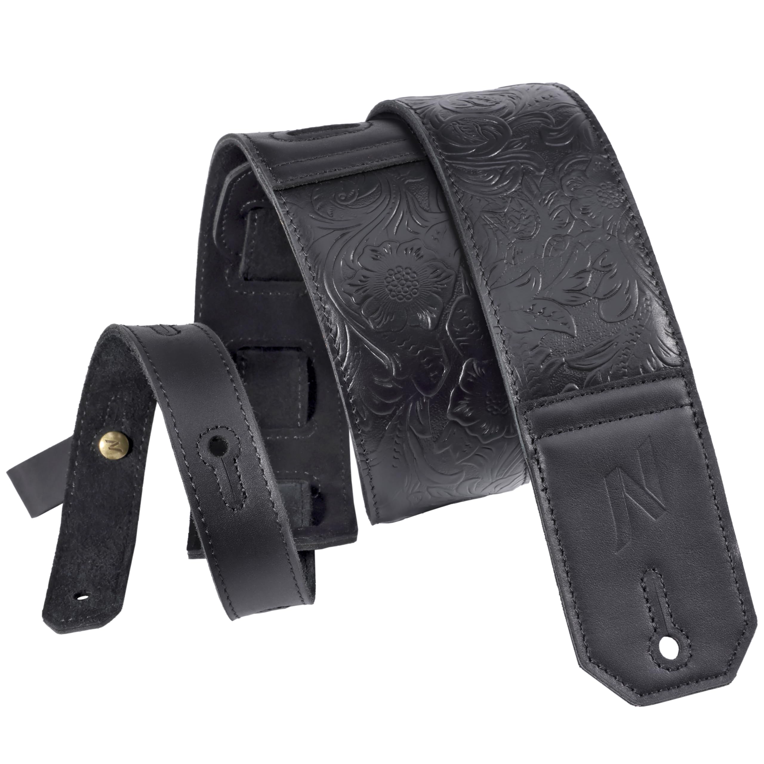 Nefelibata sangle de guitare, 2.3 » large pleine fleur sangle de guitare en cuir avec un rembourrage doux pour guitare basse, électrique et acoustique (Noir)