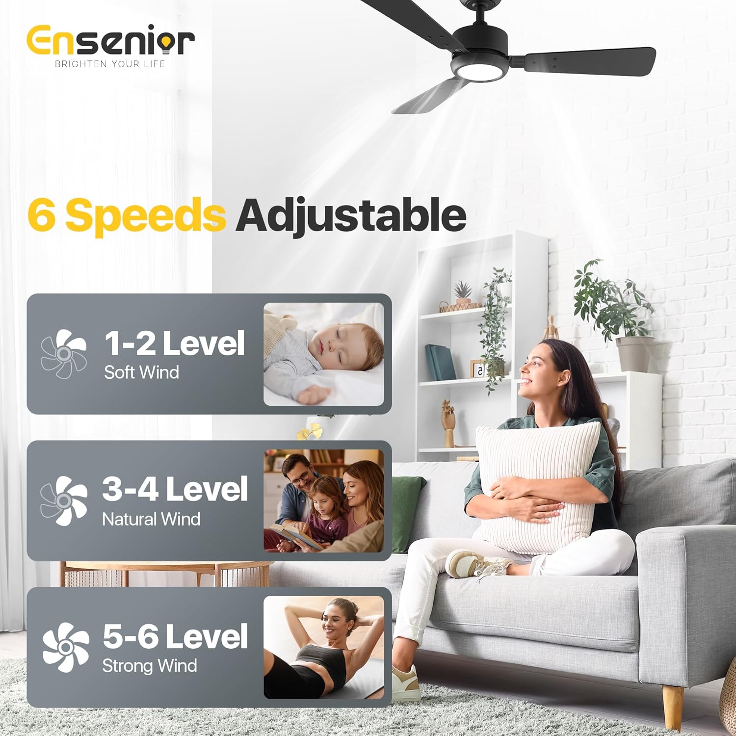 Ensenior 42 Inch Ceiling Fans with Lights and Remote, Small Bedroom Ceiling Fan with 3 Reversible Blades (Black/Wood), Quiet DC Motor, 6 Speeds, 3 Color, Memory Function, Modern Fan for Home, Black