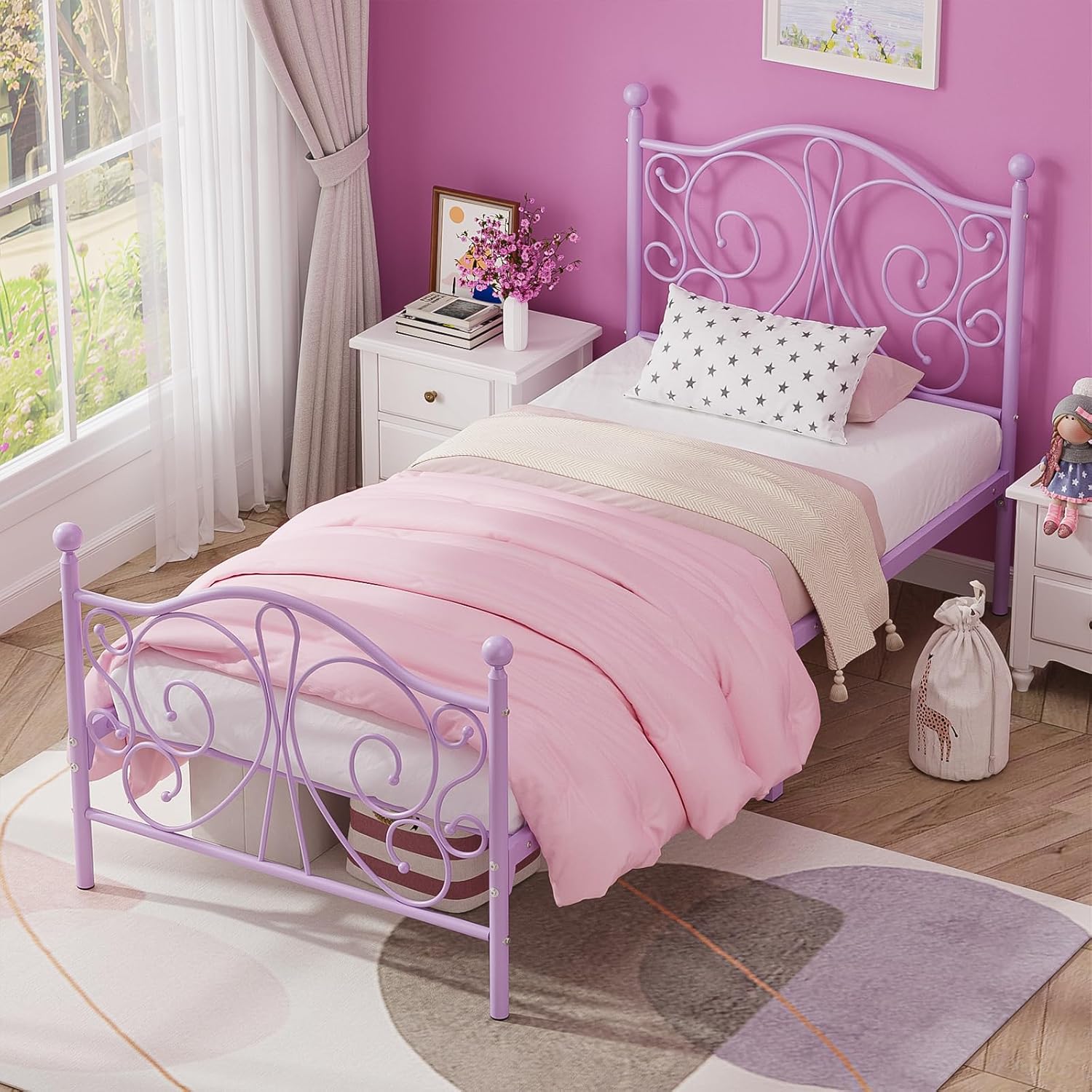 Twin Bed Frames with Butterfly Pattern Headboard and Footboard，Twin Size Bed Easy Assembly No Box Spring Needed Heavy Duty Metal Platform, Purple